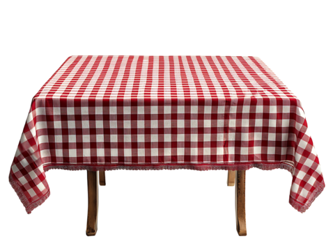 Red and white checkered tablecloth on rectangular table isolated on transparent background