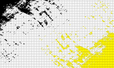 Urban Contrast Mosaic, Black, White, and Yellow Grainy Background with a dynamic abstract background showcasing a stark contrast with bold black brushstrokes and vibrant yellow splashes against white