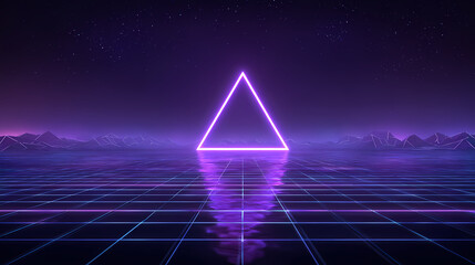 A vibrant neon triangle set against a futuristic digital landscape, filled with a grid and reflective surface. The scene is illuminated in shades of purple and pink, with hints of the celestial.