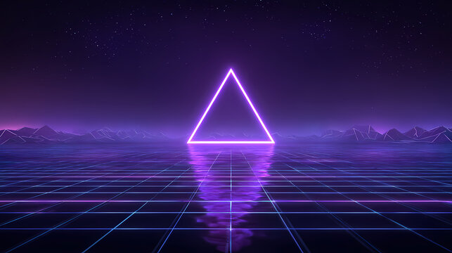 A vibrant neon triangle set against a futuristic digital landscape, filled with a grid and reflective surface. The scene is illuminated in shades of purple and pink, with hints of the celestial.