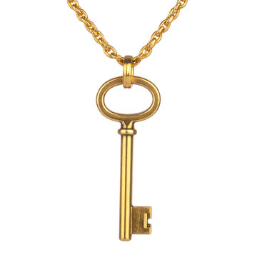 PNG of a golden key pendant hanging on a chain around someone's neck. Ideal for themes of access, security, luxury, and personal achievement