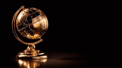 Elegant golden globe on a dark backdrop, symbolizing global connections, achievements, and sophisticated decor. A touch of class for any space.