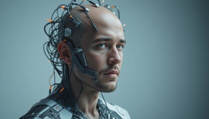 A man with futuristic cybernetic implants and wires attached to his head, embodying the concept of transhumanism and technological augmentation