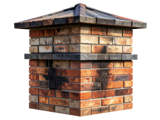 Weathered brick chimney cap with rustic wooden top against dark void isolated on transparent background