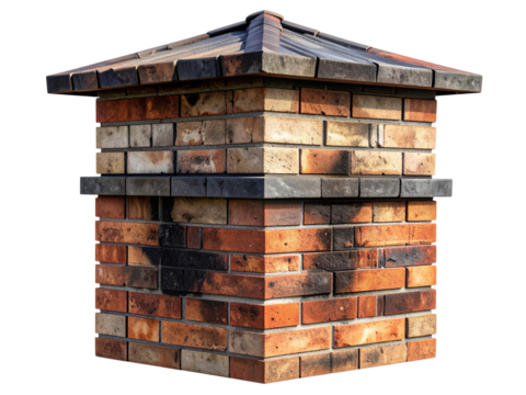 Weathered brick chimney cap with rustic wooden top against dark void isolated on transparent background