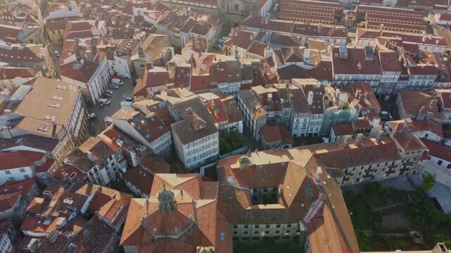 Aerial View of Santiago de Compostella early morining, Spain. Cathedral and Old Town of the City at first sunlight
