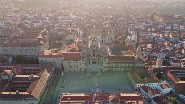 Aerial View of Santiago de Compostella early morining, Spain. Cathedral and Old Town of the City at first sunlight