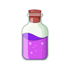 Magical purple potion in a vintage glass bottle with a cork stopper, symbolizing fantasy and alchemy