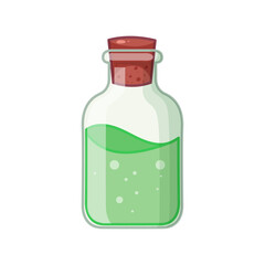 A cartoon illustration of a clear glass bottle filled with a green liquid and bubbles, sealed with a cork stopper