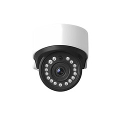 Modern surveillance camera with LED lights, mounted on a wall, capturing security footage in a city