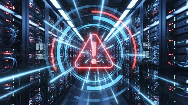 Digital Warning System in Server Room - Cybersecurity Threat and Data Breach Alert.