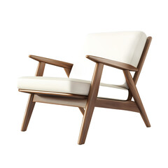 Modern wooden armchair with white cushion in a minimalist living room setting, bright and inviting