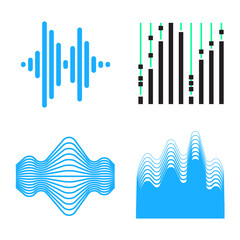 Set of four distinct abstract soundwave and equalizer graphic illustrations in blue and black