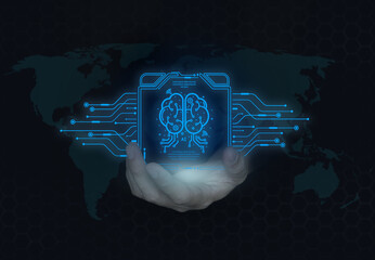 Artificial intelligence brain circuit glowing in human hand, digital technology and data network concept