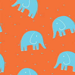 Animal seamless pattern with cartoon baby elephant on color background. Cute holiday illustration with elephant. Design for invitation, poster, card, fabric, textile, wrapper.