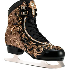 Ornate black and gold ice skate showcasing intricate design against a plain background, ideal for sports