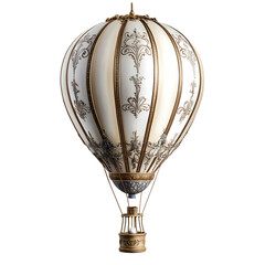 Ornate hot air balloon ascending into a clear sky, showcasing intricate designs and vintage charm