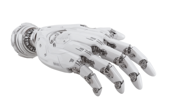 Futuristic robotic hand with metallic joints cut out on transparent background
