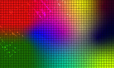 Vivid Rainbow Mosaic, Grid Grain Texture Background with a dazzling abstract background featuring a bright and vibrant rainbow color spectrum diffused across a prominent black grid