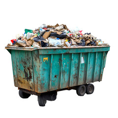 Overflowing dumpster filled with assorted trash and debris in an urban environment, highlighting waste issues