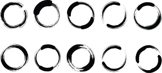 Abstract Ink Circles Painted with Brush Strokes in Graphic Design Element Set, Black Rings for Asian Zen Symbol, Sumi-e Inspired Art for Logo Design, Business, and Presentations. Vector Shapes for Mod