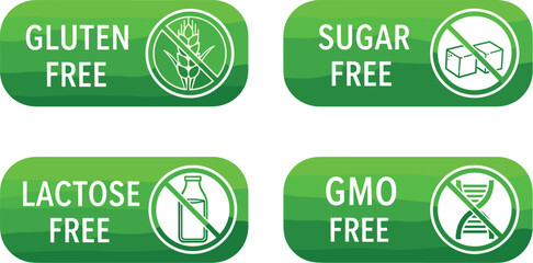 Food Allergen Labeling Icons Set Representing Gluten-Free, Sugar-Free, Lactose-Free, and GMO-Free Dietary Restrictions for Packaging, Health, Nutrition, Wellness, Product Information & Modern Lifestyl
