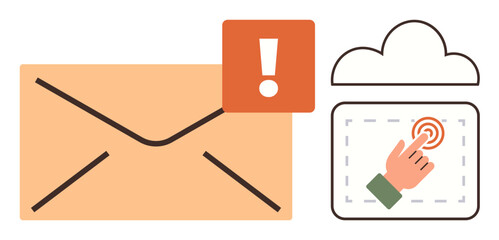 Mail envelope with an alert icon, cloud storage symbol, and a hand clicking. Ideal for communication, notification, data backup, cloud services, urgency, user interaction simple flat metaphor