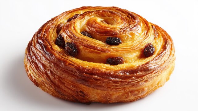 Golden brown spiral pastry with raisins, freshly baked pain aux raisins or Danish swirl with flaky layers and glossy glaze on white background - Powered by Adobe