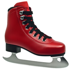 Red ice skate with black laces and silver blade, displayed on a white background for sports promotion