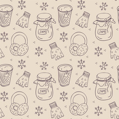 Seamless hand drawn winter pattern with tea cups, jam jars, mittens and cookies on beige background, cozy seasonal doodle. Concept of warmth, comfort and homemade winter design