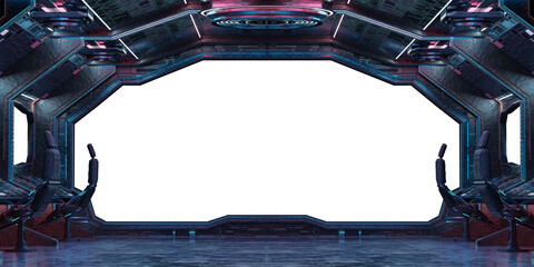 Metallic spaceship interior with isolated cut out transparent window. Glossy starship corridor with blue and pink glowing lights. 3D rendering © sdecoret