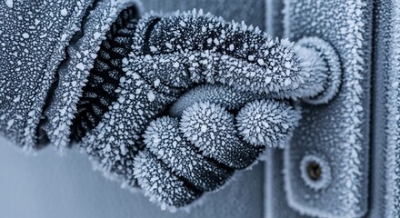A close-up of a gloved hand covered in frost reaching for a door handle. The scene conveys the harshness of winter and the challenges posed by extreme cold weather.