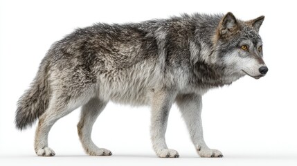 Obraz premium Majestic gray wolf standing in profile on white background. Wild canine predator with thick fur coat perfect for wildlife and nature photography concepts