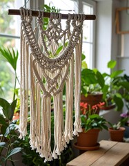 Macrame wall hanging, cream colored, intricate design