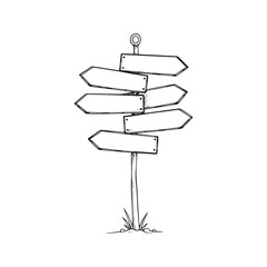 Directional signpost outline with multiple blank arrows. Crossroads concept illustration for choice, decision, and travel. Empty guidepost vector sketch isolated on white background.