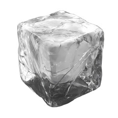 Single ice cube resting on a surface, showcasing its transparency and texture under soft lighting