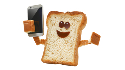 Slice of bread holding smartphone, taking selfie