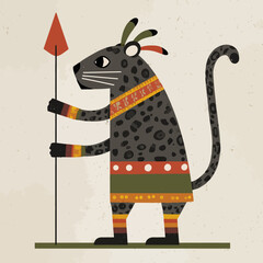 Stylized panther illustration holding spear on beige background