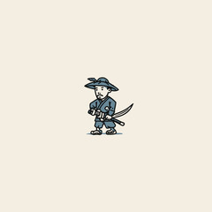 Cartoon samurai warrior with katana sword ready for battle illustration