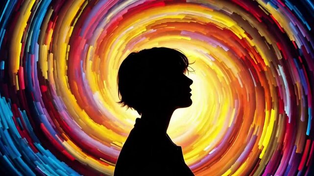 Explore inner thoughts and creativity with this mesmerizing video showing a swirling vortex of vibrant colors around a woman's silhouette, perfect for artistic expression