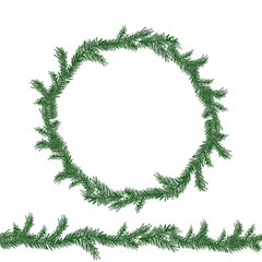 Watercolor circle wreath and seamless boarder with green pine branches. Sprig of pine hand drawn for wrapping paper, winter holiday decoration, banner, card or invite. Christmas trees modern