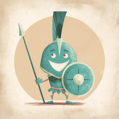 Cartoon spartan with spear and shield illustration against a neutral background