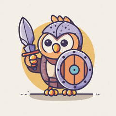 Cartoon owl character holding spear and shield for fantasy illustration
