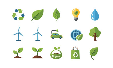 Big set of Eco Icons, Circular Green Icons with Leaves, Glass, Plastic Elements