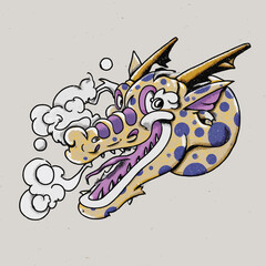 Cartoon dragon head with smoke illustration for fantasy or design projects