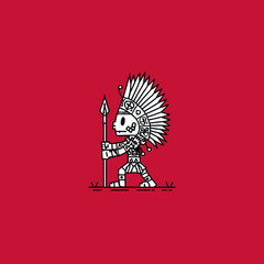 Stylized warrior illustration with spear and feather headdress on red background