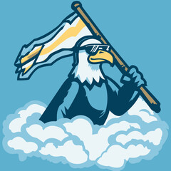 Eagle mascot with sunglasses holding a flag on a cloud vector illustration
