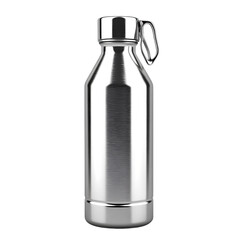 Sleek stainless steel water bottle standing upright against a plain background, ideal for hydration