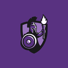 Spartan warrior logo holding torch shield emblem purple design
