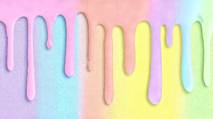 Pastel paint drips down a textured wall creating a colorful and playful design